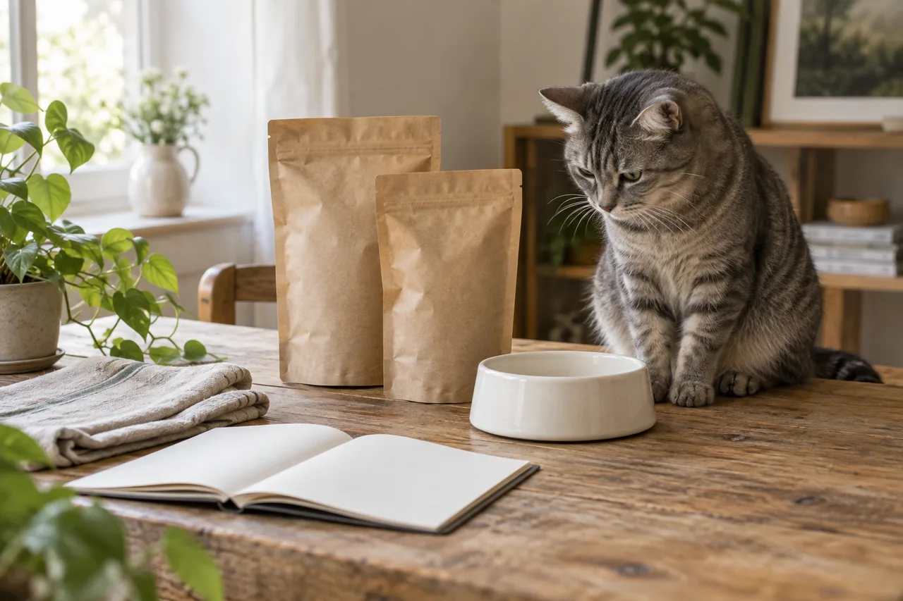 A tabby cat beside plain paper pouches and a ceramic bowl