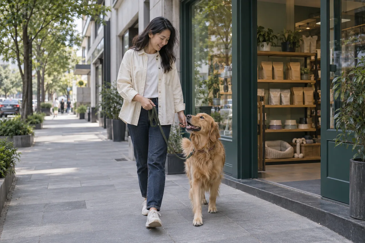 A pet owner and golden retriever outside an illustrative pet-essentials shop