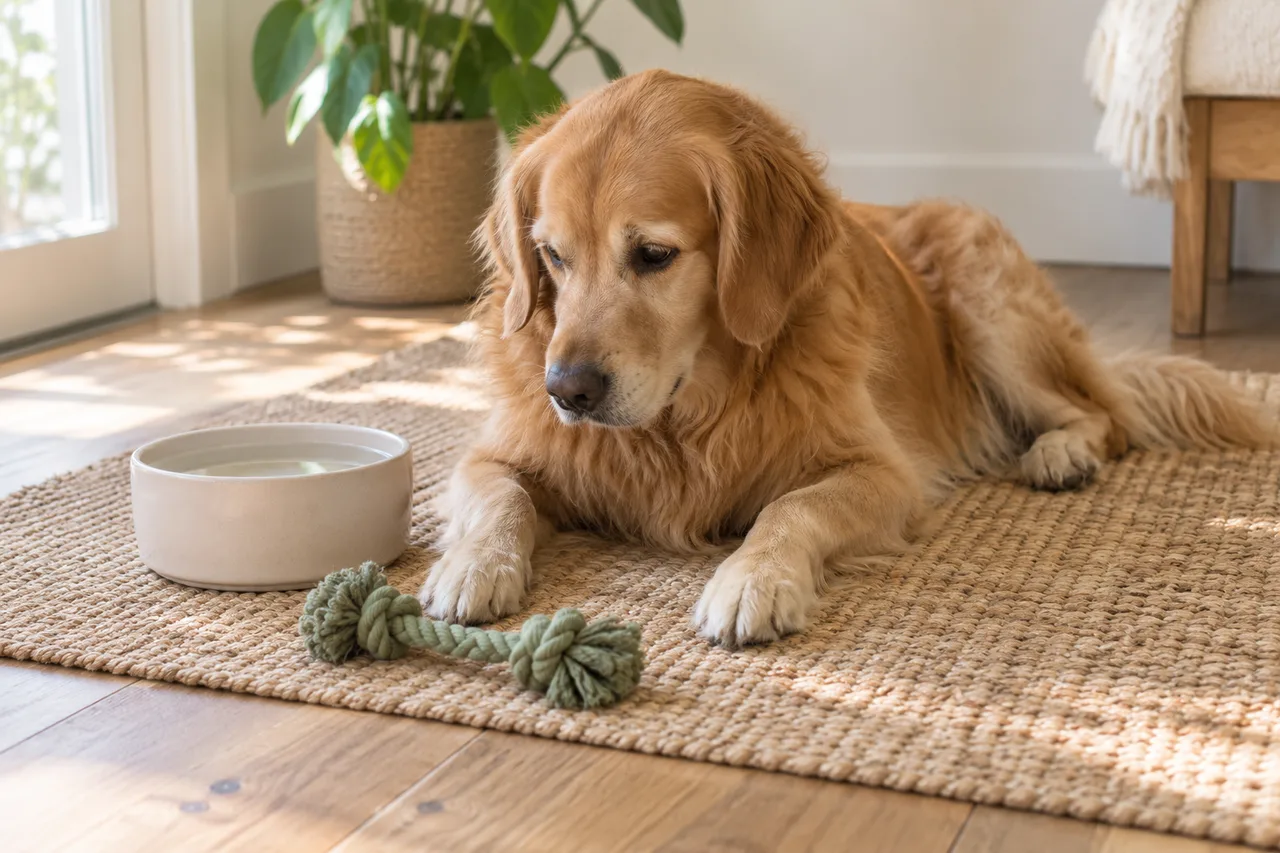 A golden retriever resting beside a ceramic bowl and soft rope toy