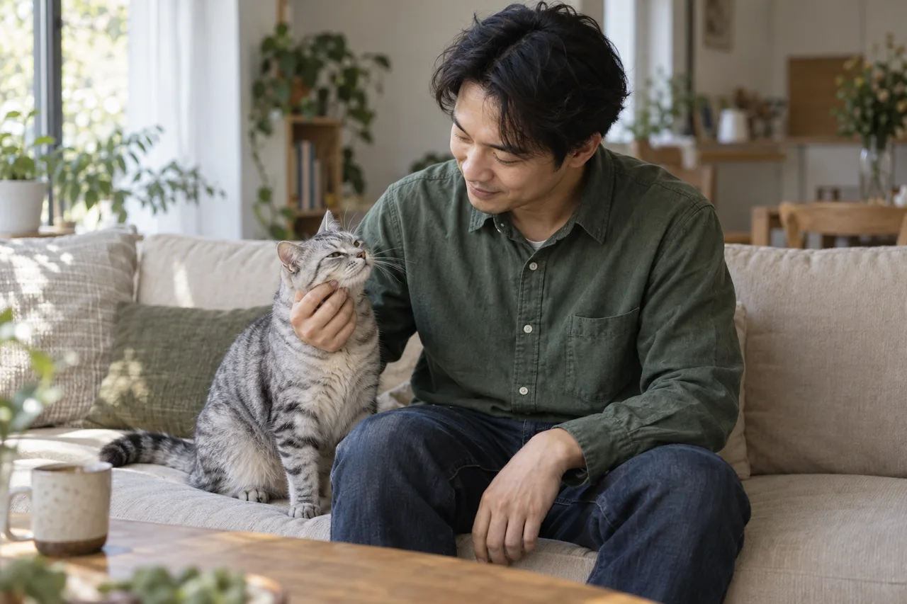A man gently stroking a tabby cat at home
