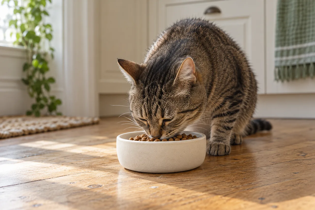 A tabby cat eating from an unbranded ceramic bowl