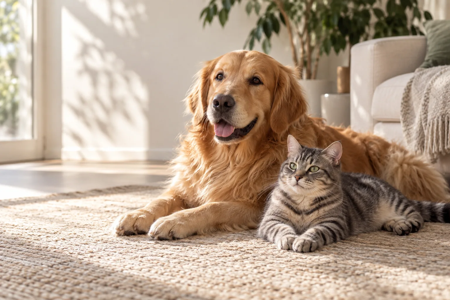 A golden retriever and grey tabby cat relaxing together in soft daylight